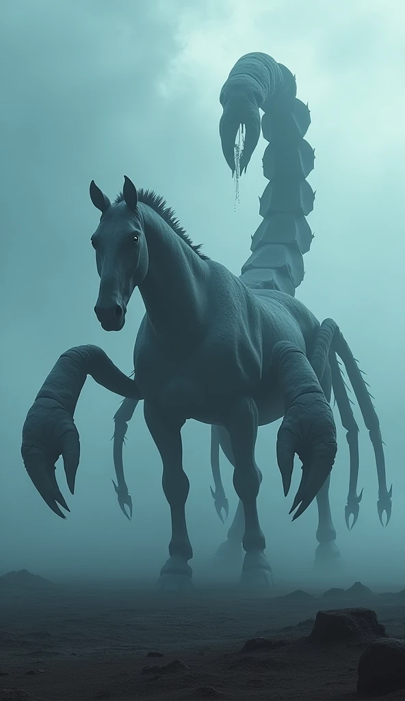 Gigantic breed of horse and scorpion walking across a plain in the distance amid fog, blue haze, dark clouds, grimdark ,supense, unearthly, octan render, unreal engine , photorrealistic, hyper realism, highy detailed, high qualiy, intrincately detailed,Volumetric lighting, full character, 4K, ,hard disk ,Full HD, 8k, RTX, high resolution, detailed shadows, incredibily detailed, perfect, Dramatic scale