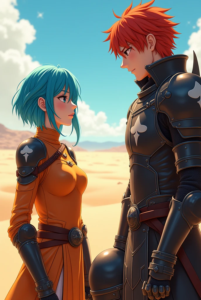 Male character with short blue hair with two long strands, feminine features on her face, with desert armor (orange), with spade symbols (negro), holding his helmet, next to another knight with red hair, with desert armor de mayor rango (black), with spade symbols (white), battle pose, Whole body, high quality, detailed, 4k quality lighting, animated style.