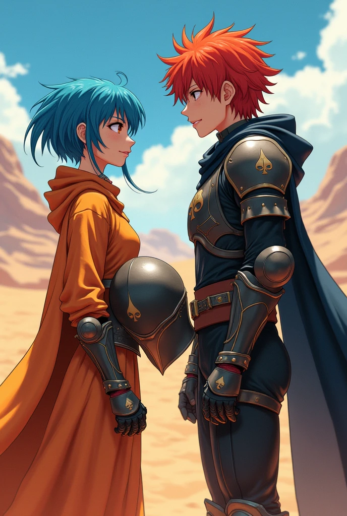 Male character with short blue hair with two long strands, feminine features on her face, with desert armor (orange), with spade symbols (negro), holding his helmet, next to another knight with red hair, with desert armor de mayor rango (black), with spade symbols (white), battle pose, Whole body, high quality, detailed, 4k quality lighting, animated style.