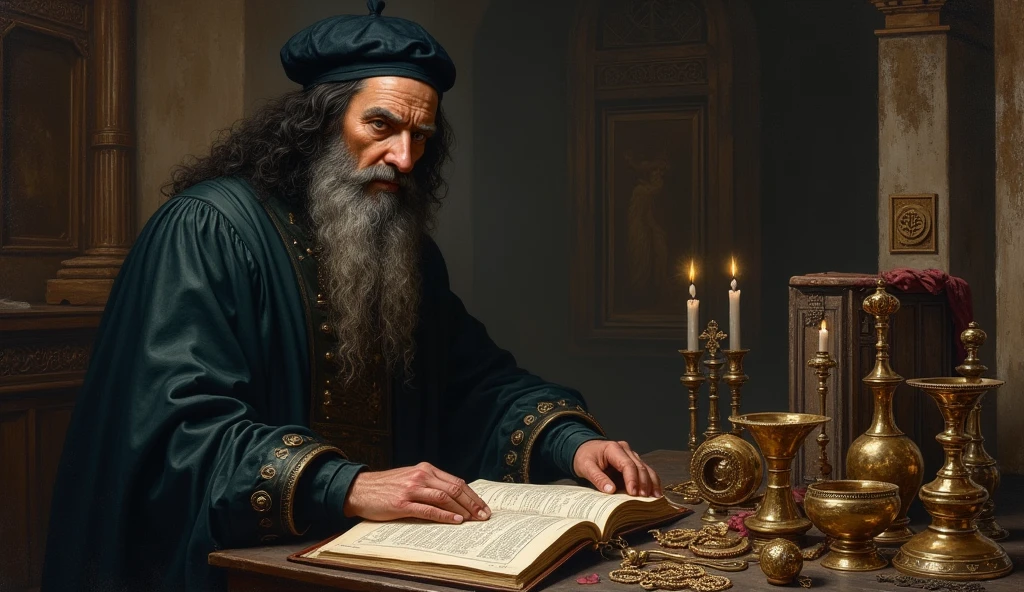 Michael Nostradamus has an oval face and a serious expression, a long beard and long, wavy dark white hair. He usually wears 16th century clothing, including a cloak or cape and a beret-type hat. His eyes are piercing and contemplative. in a temple thinking, trying to visualize the future through sacred objects