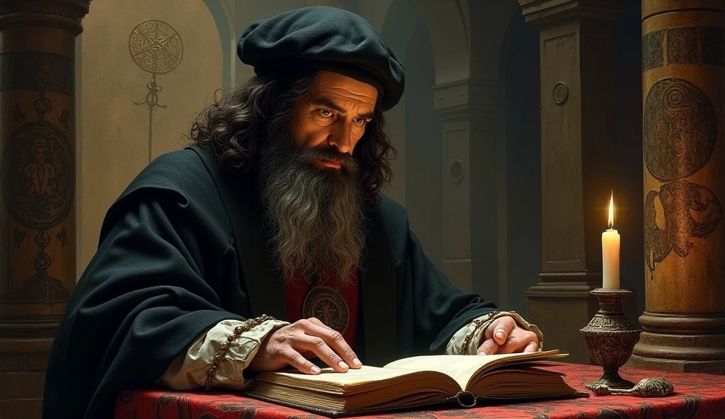 Michael Nostradamus has an oval face and a serious expression, a long beard and long, wavy dark white hair. He usually wears 16th century clothing, including a cloak or cape and a beret-type hat. His eyes are piercing and contemplative. in a temple thinking, trying to visualize the future through sacred objects