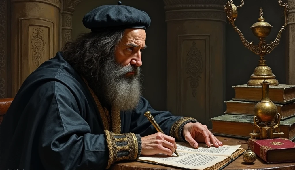 Michael Nostradamus has an oval face and a serious expression, a long beard and long, wavy dark white hair. He usually wears 16th century clothing, including a cloak or cape and a beret-type hat. His eyes are piercing and contemplative. in a temple thinking, trying to visualize the future through sacred objects