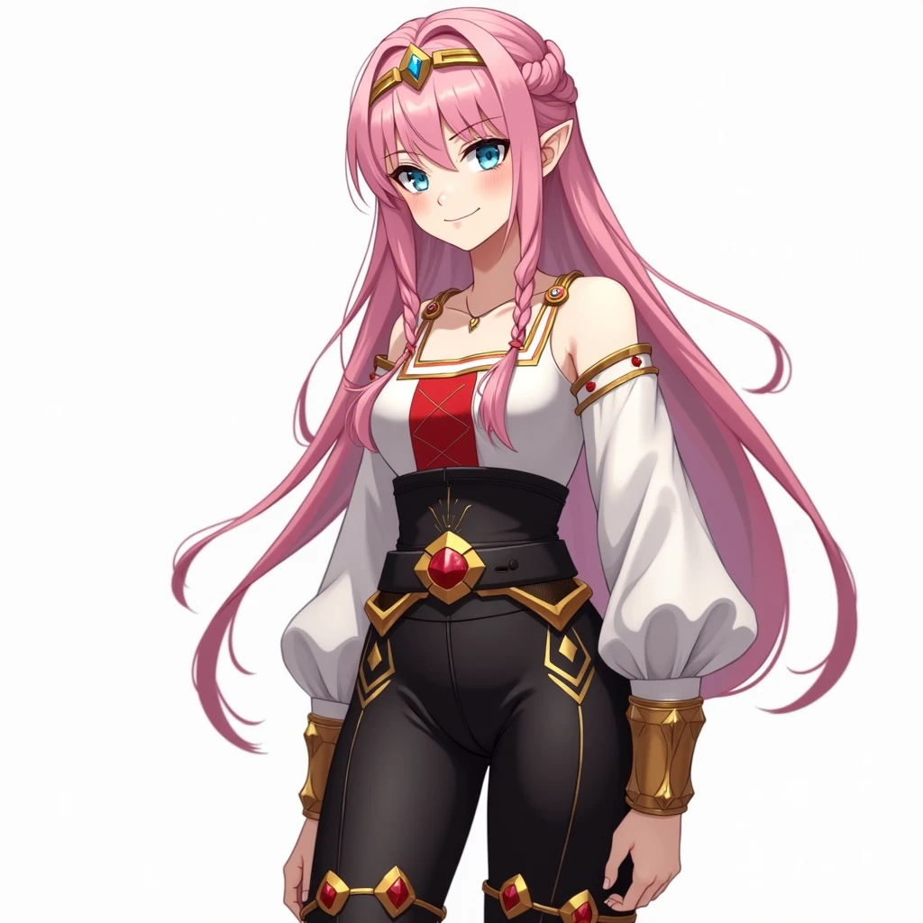 Create a young girl smiling, Imperial Sorceress, She is 2 and has fair skin, eyes the color of the crystal clear ocean, her long pink hair with two braids in the front and the rest loose in the back, She has short, choppy bangs that cover her eyebrows. Long side locks touching her cheeks.
She should wear a short white blouse, she sports a low, square collar, with a thin gold strip along the edge, highlighting the subtle neckline. Two red diagonal stripes cross above her small breasts, while its mid-length sleeves with loose, flowing wrists are adorned with five golden vertical and diagonal lines like gold, ending in a red metallic circular border that gives the impression of rings around the arms. She wears tight black pants with gold diamonds drawn in lines around the thigh., and a double gold belt with a pentagonal buckle at the waist.
On the feet are mid-calf black leather boots with folded edges and a small heel.. A stunning golden tiara with a sapphire stone in the center on the head. And on both arms large golden bracelets like gold covering the entire wrist and forearm with a large shiny magnetite jewel in them.