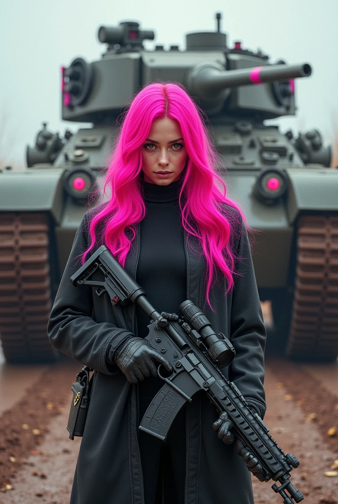 1 girl with long, wavy bright pink hair, with a rifle in his hand and looking at the viewer with piercing eyes. in the background there is a huge war tank with tracked wheels and some pink details