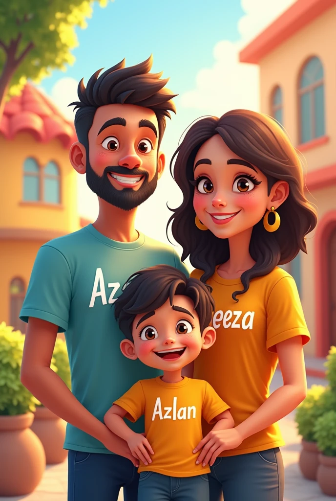 My wife and son my self with our names in any design of t shirts In cartoon pattern my son is 1 year, name should be my name Azeer wife name Azeeza son name Azlan, Azeer is my name my wife name is Azeeza my son name is Azlan 
My name: Azeer
Wife : Azeeza
Son : Azlan
With names

