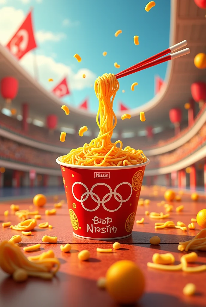 noodle line with Nissin packaging with Olympic references and very attractive