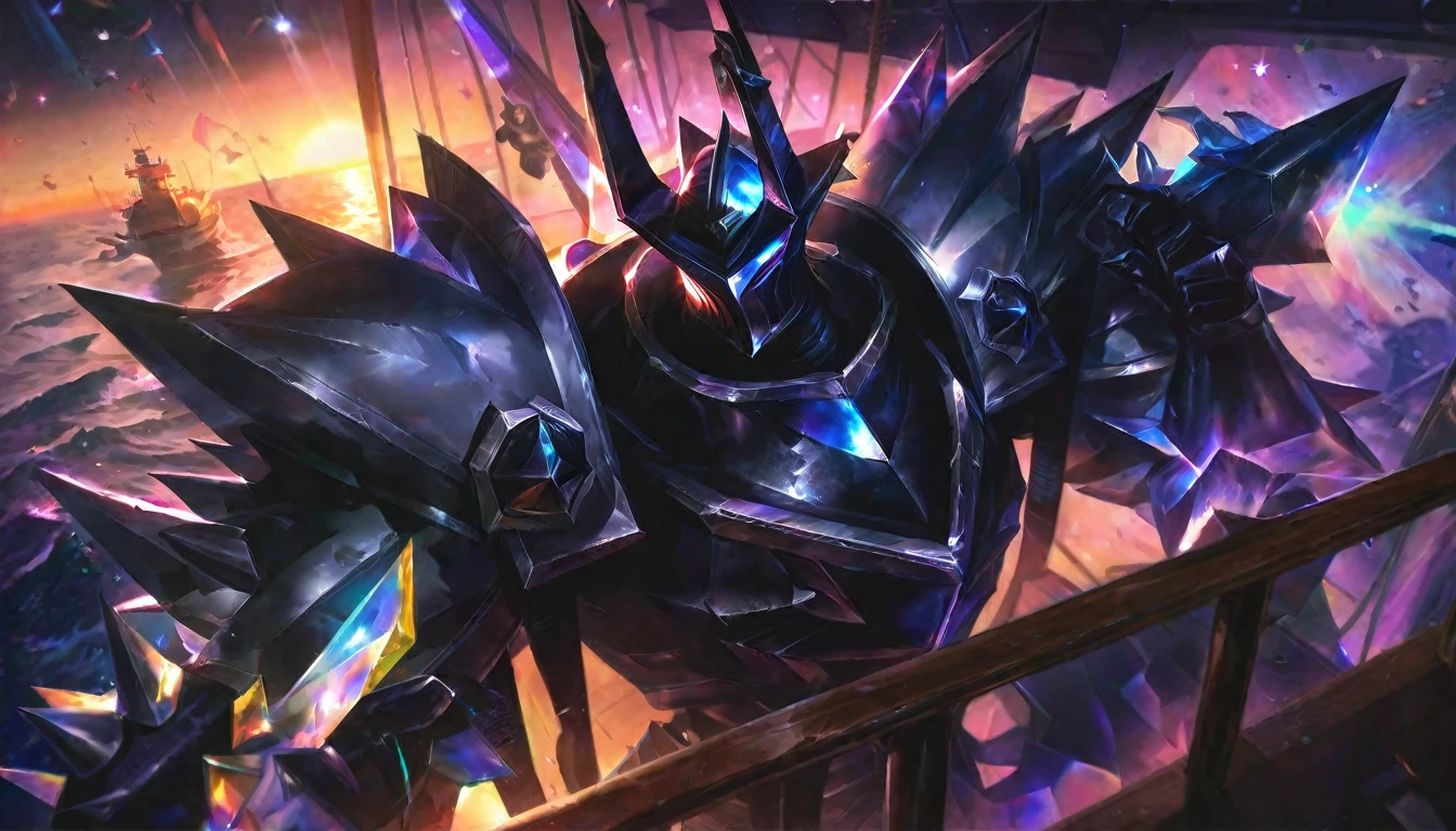 best aesthetic, lolsplashart, Police Mordekaiser on the Ship, in the Sea, Beautiful Sunset, Falling Stars