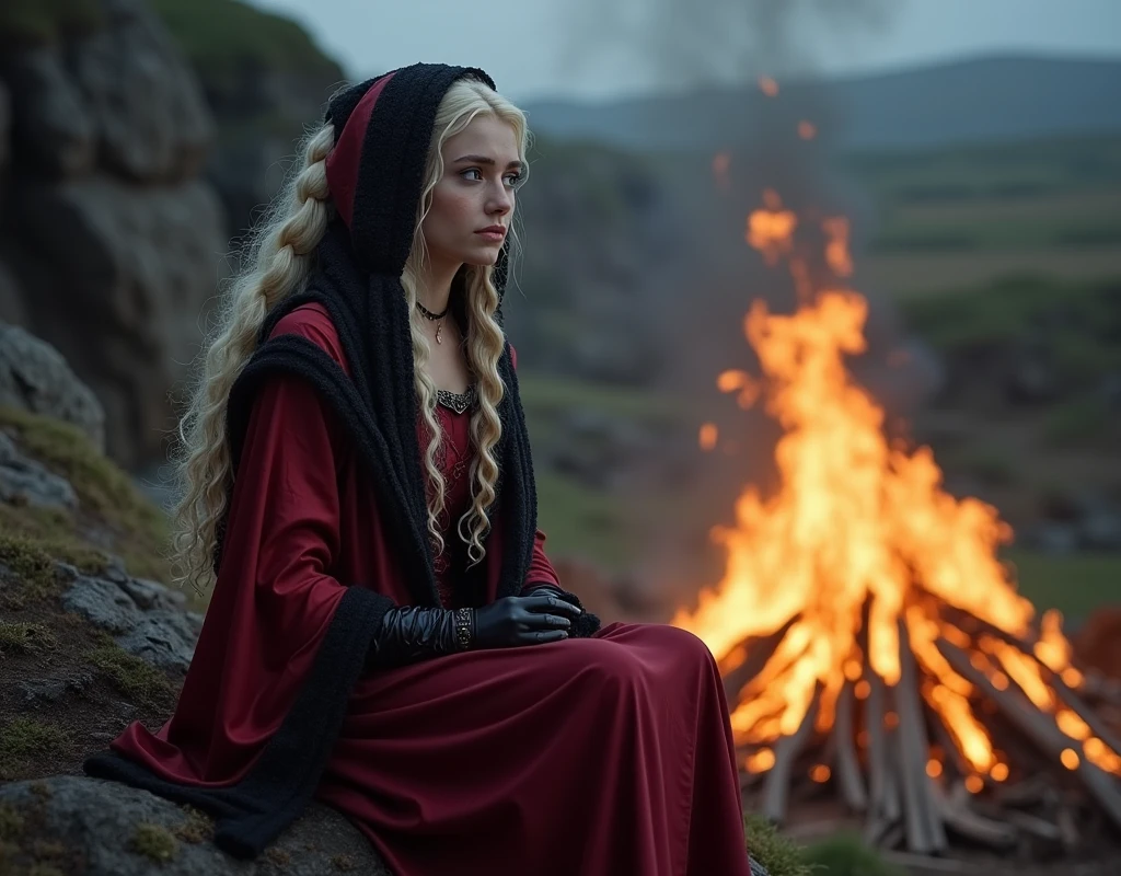 A beautiful Targaryen Women with round face and cute face, lilac eyes and long curly braided platinum blonde hair, She's wearing a royal Red Silky rich Queen costume with black details.Sbes wearing a shawl on her head She's sitting on a rock near a burning pyre.Shes sad and crying.realistic