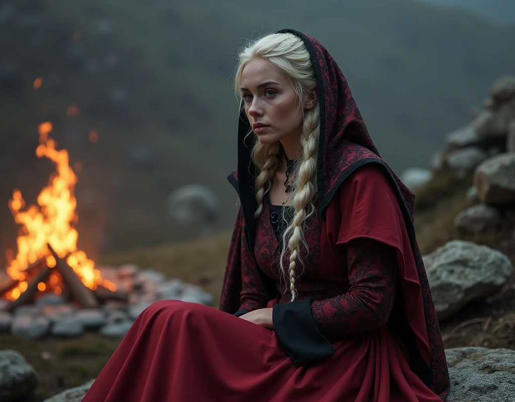 A beautiful Targaryen Women with round face and cute face, lilac eyes and long curly braided platinum blonde hair, She's wearing a royal Red Silky rich Queen costume with black details.Sbes wearing a shawl on her head She's sitting on a rock near a burning pyre.Shes sad and crying.realistic