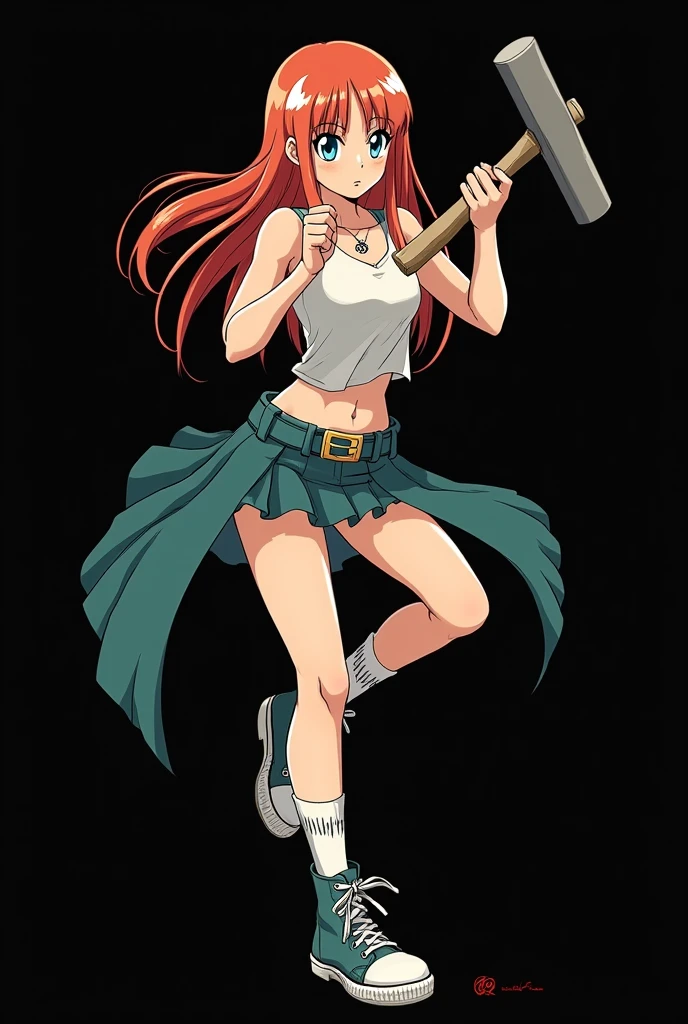 A full body image of an 1 girl named Hana Watanabe, personagem do anime "dragonball z", she is very beautiful, with medium length straight fire-colored hair with two white highlights in the front, framing your face. She has blue-green eyes and pale skin.. she is a Wiccan, she is in fighting pose. she wears a pentagram necklace, croped, glued skirt, beautiful women's high-top shoes and ¾-long socks, she holds a common nail hammer and nails. It is drawn with Akira Toryama's animation. black backdrop.