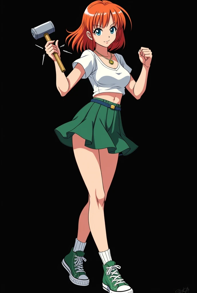 A full body image of an 1 girl named Hana Watanabe, personagem do anime "dragonball z", she is very beautiful, with medium length straight fire-colored hair with two white highlights in the front, framing your face. She has blue-green eyes and pale skin.. she is a Wiccan, she is in fighting pose. she wears a pentagram necklace, croped, glued skirt, beautiful women&#39;s high-top shoes and ¾-long socks, she holds a common nail hammer and nails. It is drawn with Akira Toryama&#39;s animation. black backdrop.