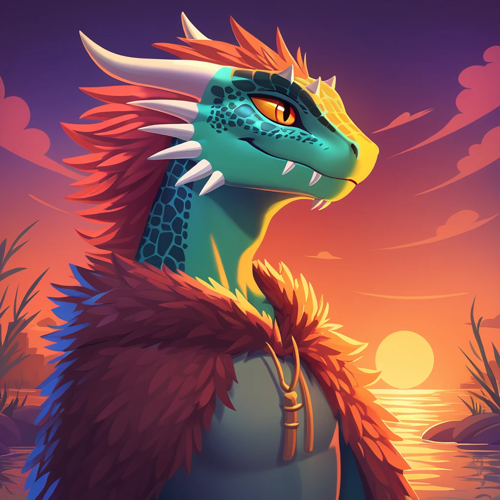 super fluffy argonian in dreamworks art style, evening background