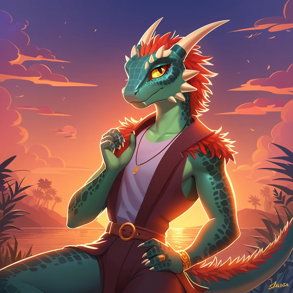 super fluffy argonian in dreamworks art style, evening background