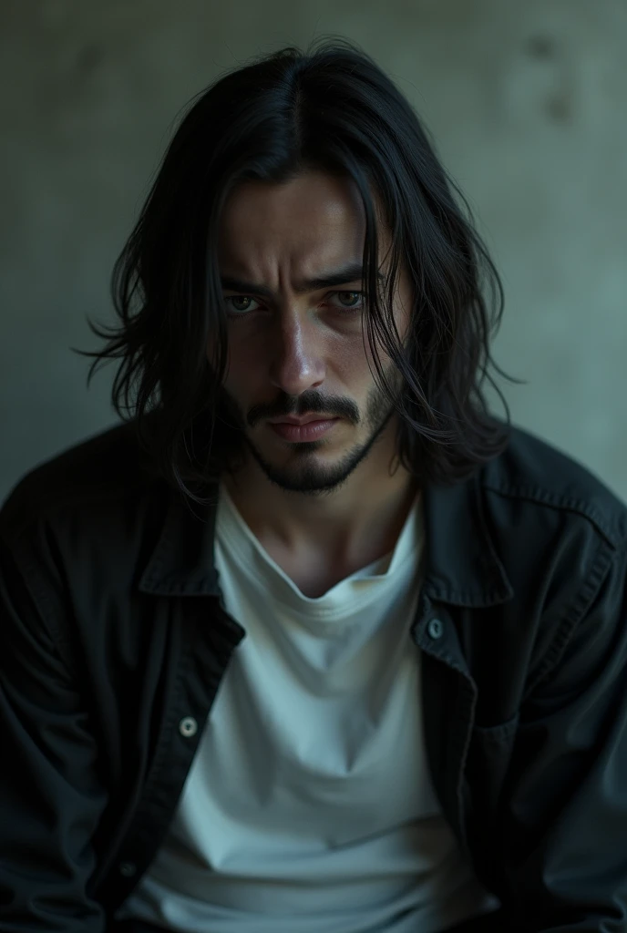 Man with long black hair, white shirt, black jacket, crying in a room