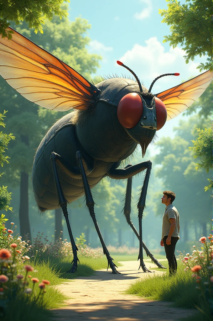 Giant fly standing next to man in park 