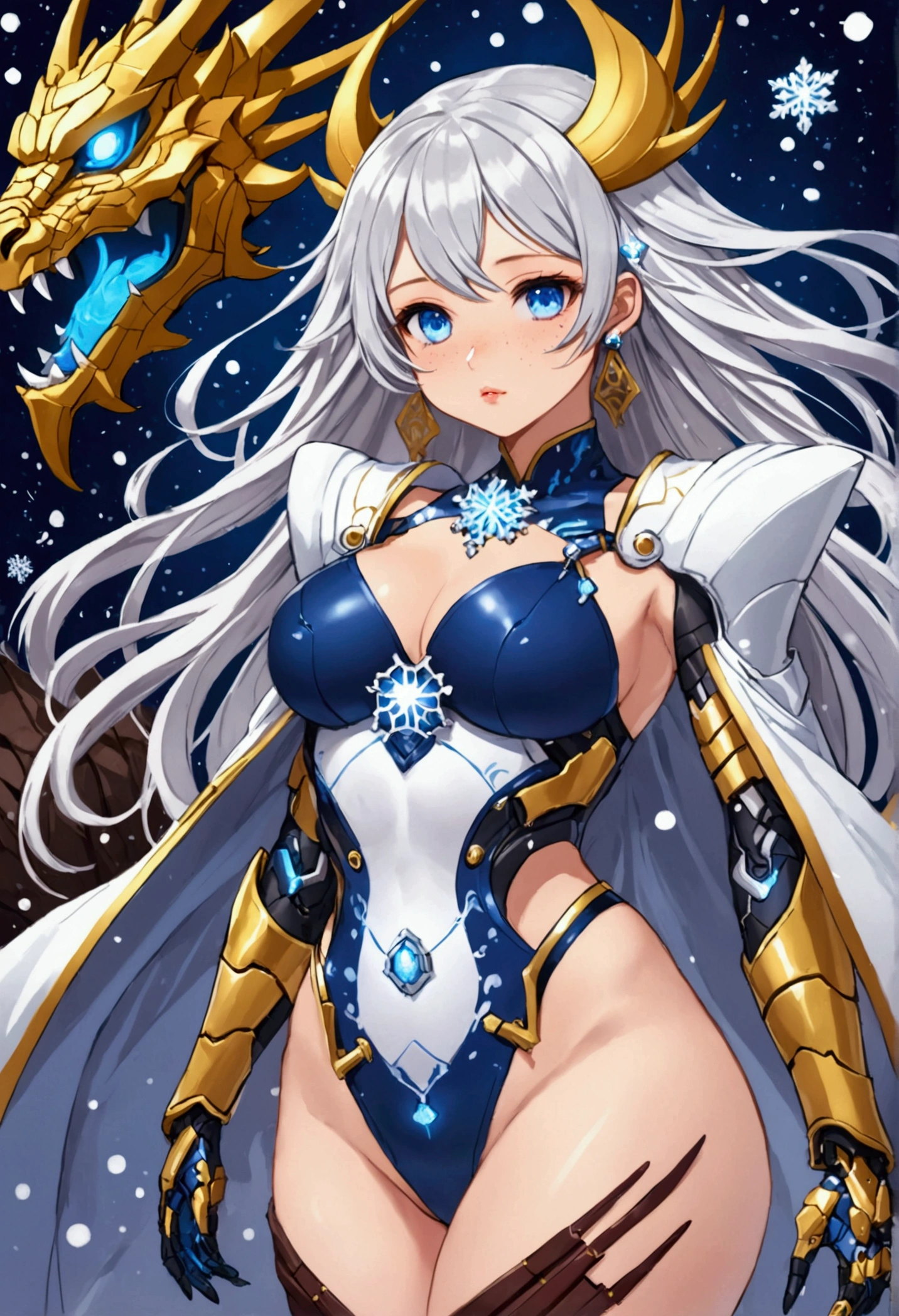 Defined woman's body thick thighs cybernetic body parts / Samurai cyborg / girl /Blue, black and gold armor and Japanese dragon details Characteristics Skin: Brunette/Hair: dark brown, straight and curly at the ends Eyes: dark brown & light blue and gold Her pupil a snowflake/ Freckles: all over her face Her eyelashes like snow full of flakes Appearance: pretty Ice earrings Scar: on her hand, arm, back and groin and also on her mouth Pink lips / Hot body 