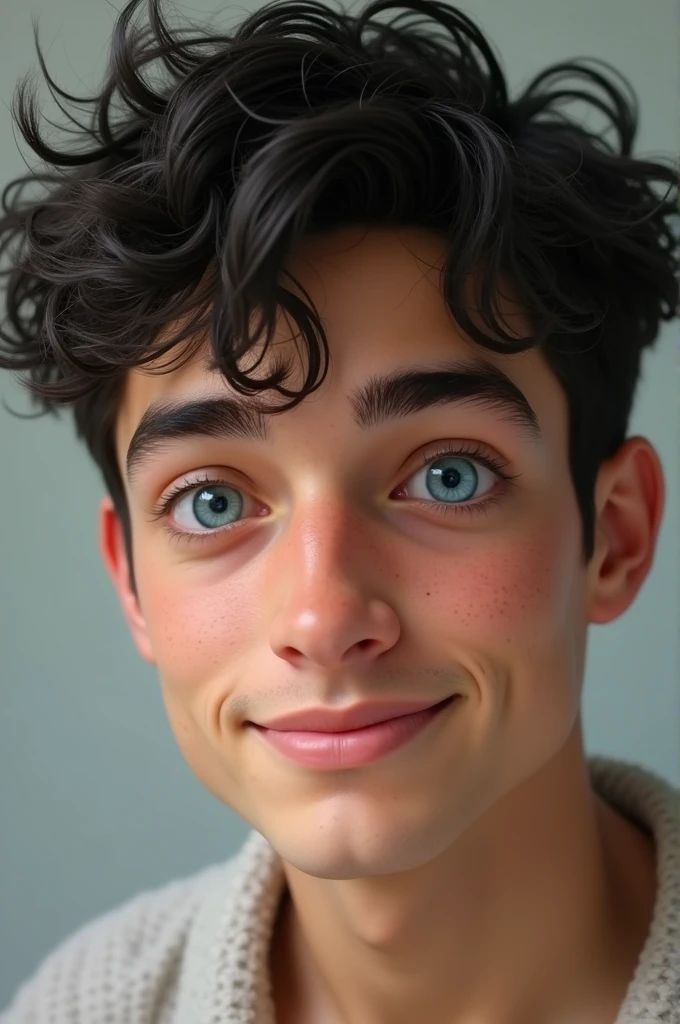 Handsome man with curly black hair and big blue eyes with freckles smiling and white skin and long nose