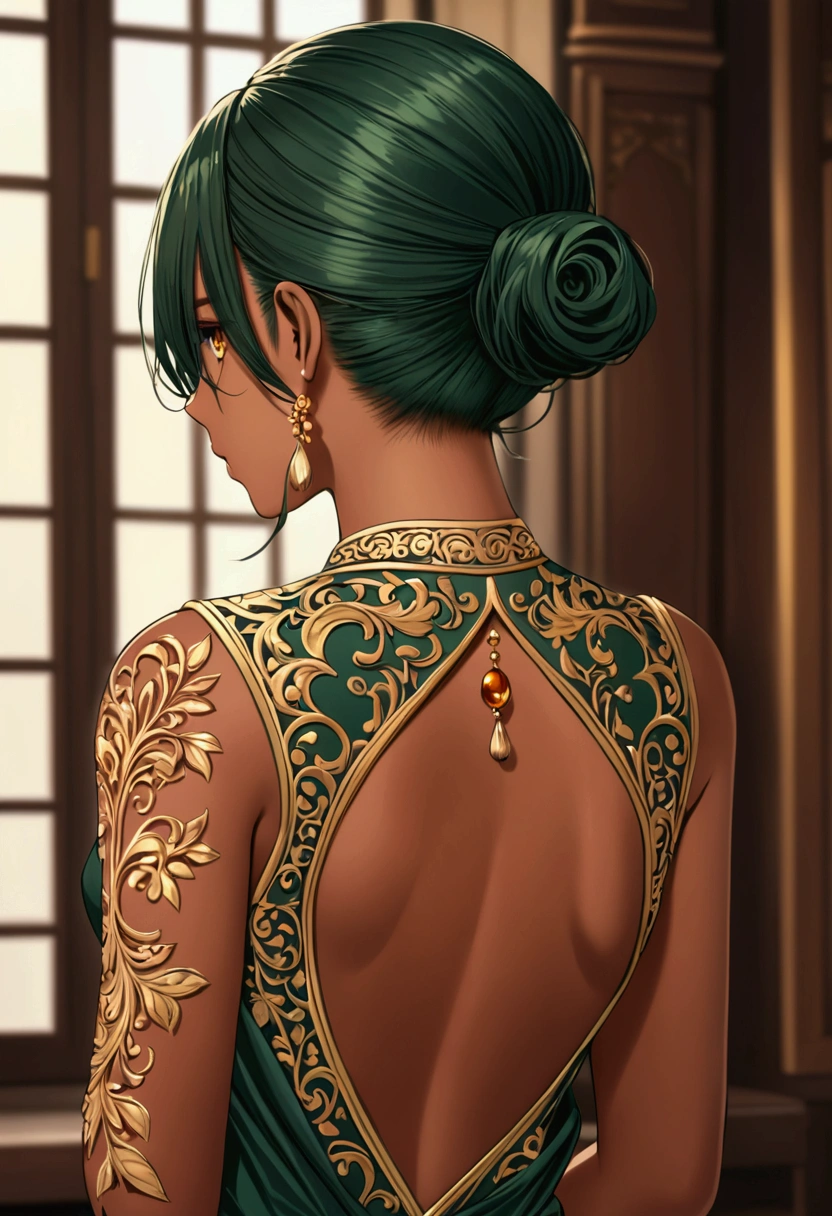 Tan skin Girl Back view  
 dark green long hair with sideshave undercut amber eyes