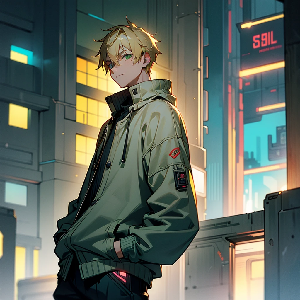 a teen boy, blonde hair, green eyes, night, cyberpunk city, a gray sweater, slightly smiling, hands in pockets