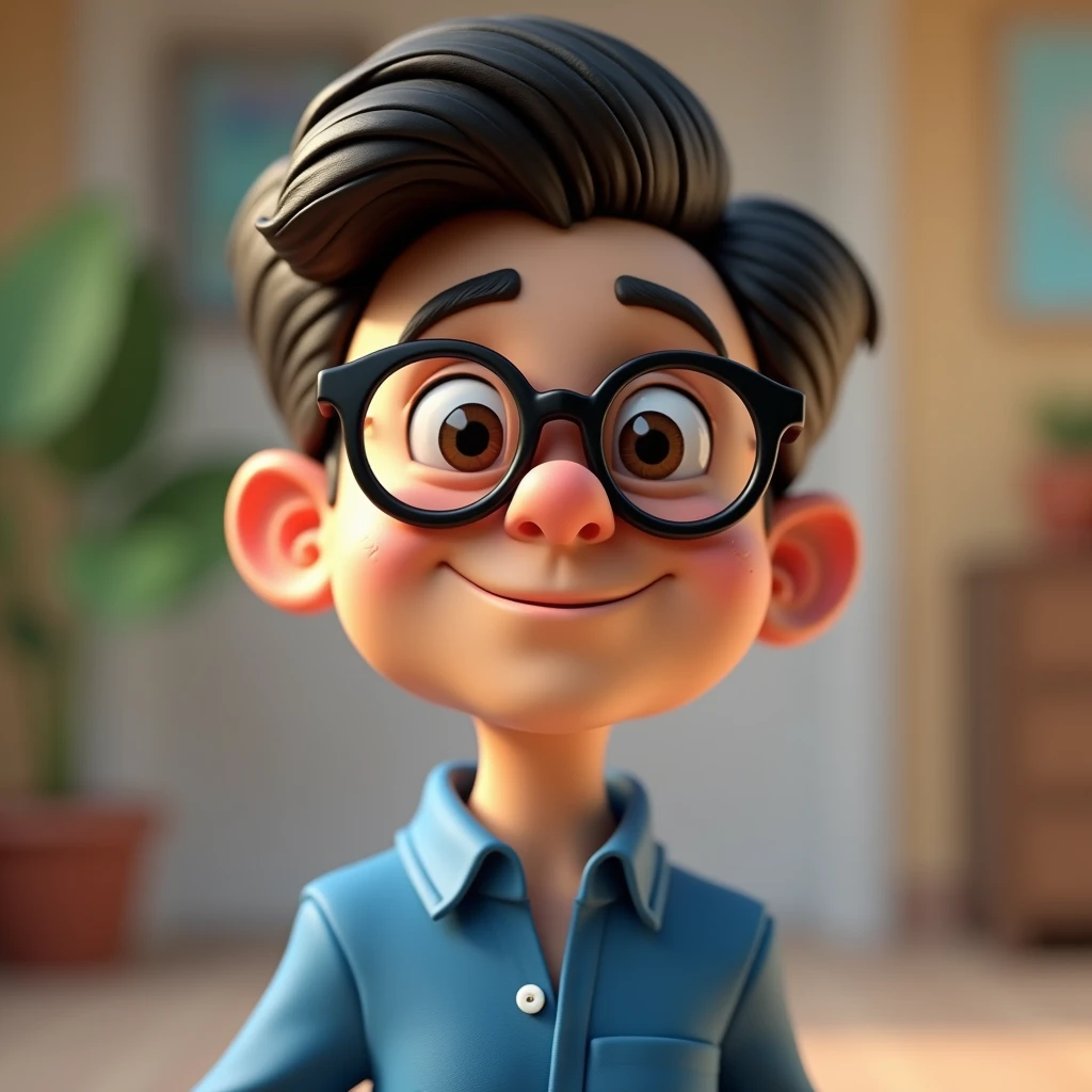 Cartoon character of a man in black glasses and blue shirt, an animated character, stylized character, animation style rendering, 3d stylized, Arnold Maya rendering, Stylized 3D rendering, toon render screenshot, 3d character, 3d character, Stylized 3D rendering, 3D character rendering, cartoon character, Personagem de close up, character posing,  (Pixar-style) (master part:1.2) (bokeh) (best qualityer) (skin detailed) (detailed texture) (8k) (Argilla) (cinematic lighting) (sharp focus