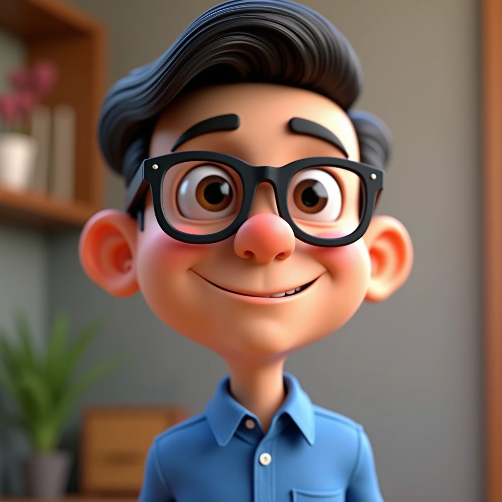 Cartoon character of a man in black glasses and blue shirt, an animated character, stylized character, animation style rendering, 3d stylized, Arnold Maya rendering, Stylized 3D rendering, toon render screenshot, 3d character, 3d character, Stylized 3D rendering, 3D character rendering, cartoon character, Personagem de close up, character posing,  (Pixar-style) (master part:1.2) (bokeh) (best qualityer) (skin detailed) (detailed texture) (8k) (Argilla) (cinematic lighting) (sharp focus