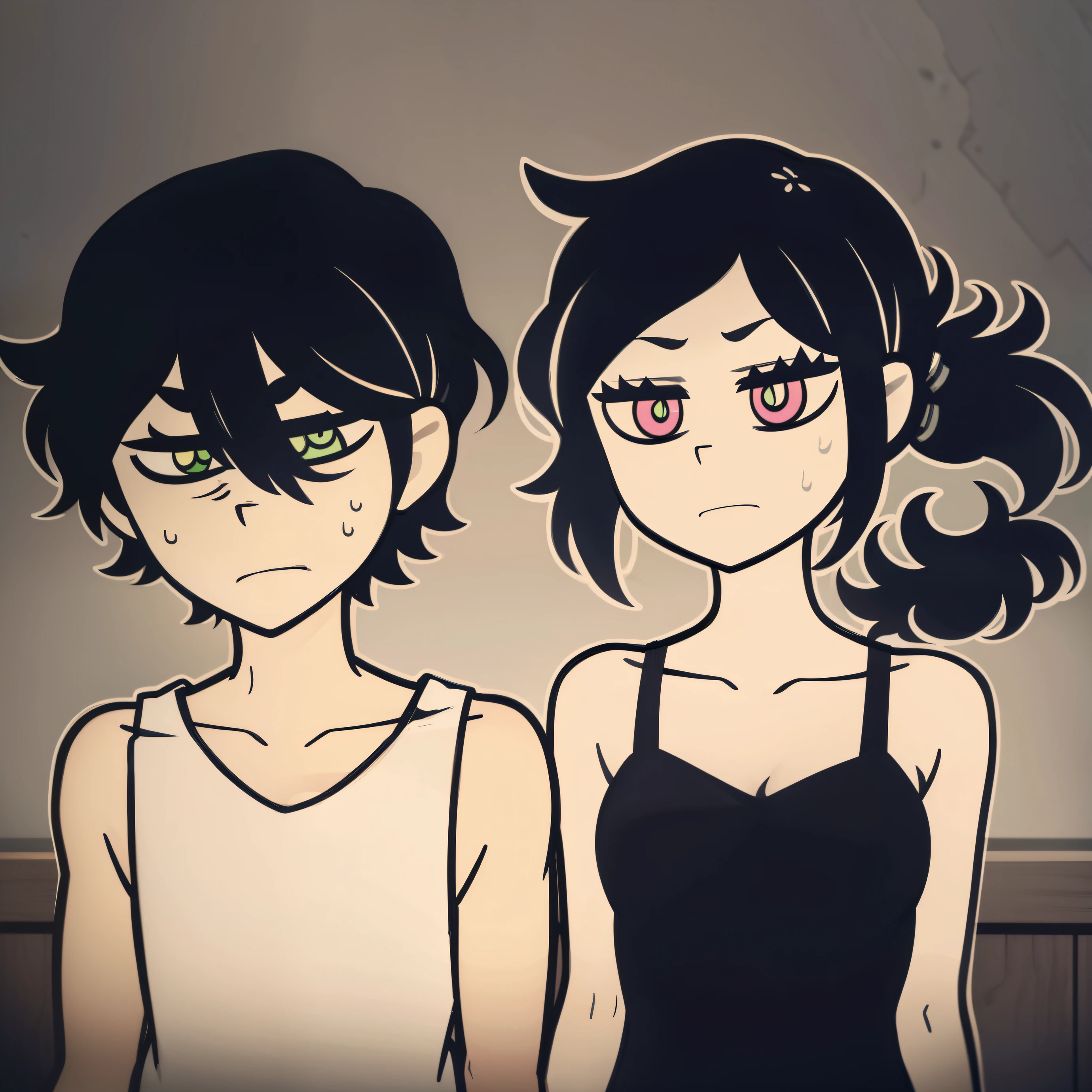 Highres, Masterpiece, Best quality at best,Best Quality,hight quality, hight detailed, Anime style, 1boy, 1girl, duo, monochrome:0.1, Andrew Graves and Ashley Graves, The boy has green eyes hair between eyes closed mouth black hair slim body, messy hair, Waering tank top, . The girl has black hair, ponytail, Waering tank top, . white pupils, pink eyes messy hair, short ponytail, Tcoaal, white outline, bold outline, dark background, upper body, Slim body, bright pupils, outline, white pupils, white outline, looking at viewer, Sibling photos, (Very young sibling), (very small and short body), White beckground, hansome boy, Uhd, bokeh, sweat