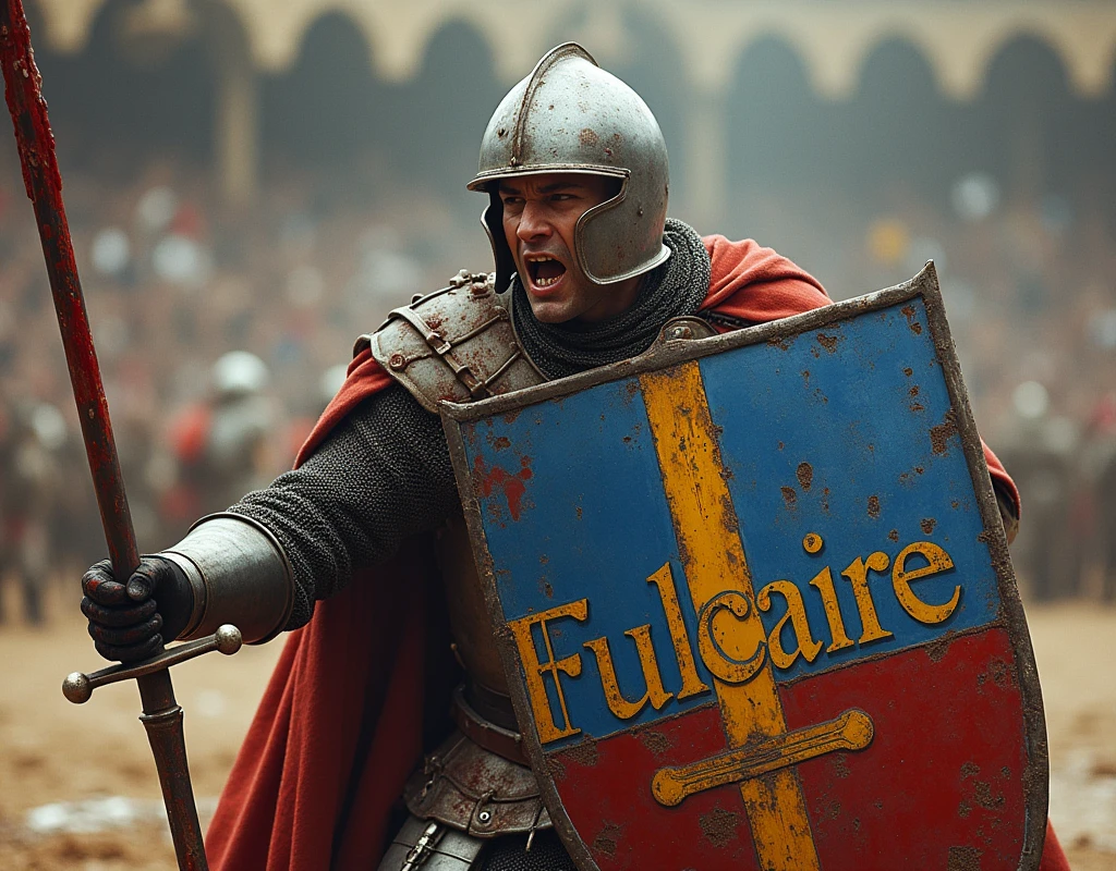 A poster depicting a pikeman brandishing a bloody steel sword, and carrying a shield (blue and red shield with thin vertical yellow sword painted upwards coat of arms), damaged by fighting.  (He's in a medieval arena, with the words "Fulcaire" written in large golden letters in the foreground). (medieval battered chain mail, helmet, gloves, very battle-damaged). He has white skin and scars on his face. shouting, covered by bloods.