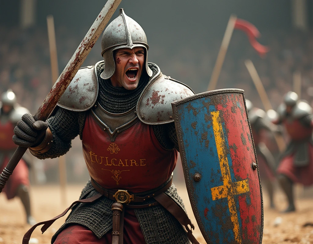 A poster depicting a pikeman brandishing a bloody steel sword, and carrying a shield (blue and red shield with thin vertical yellow sword painted upwards coat of arms), damaged by fighting.  (He's in a medieval arena, with the words "Fulcaire" written in large golden letters in the foreground). (medieval battered chain mail, helmet, gloves, very battle-damaged). He has white skin and scars on his face. shouting, covered by bloods.
