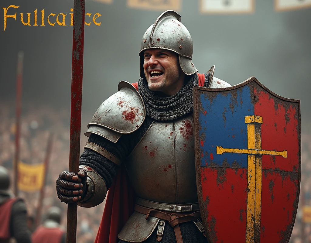 A poster depicting a pikeman brandishing a bloody steel sword, and carrying a shield (blue and red shield with thin vertical yellow sword painted upwards coat of arms), damaged by fighting.  (He's in a medieval arena, with the words "Fulcaire" written in large golden letters in the foreground). (medieval battered chain mail, helmet, gloves, very battle-damaged). He has white skin and scars on his face. shouting, covered by bloods.