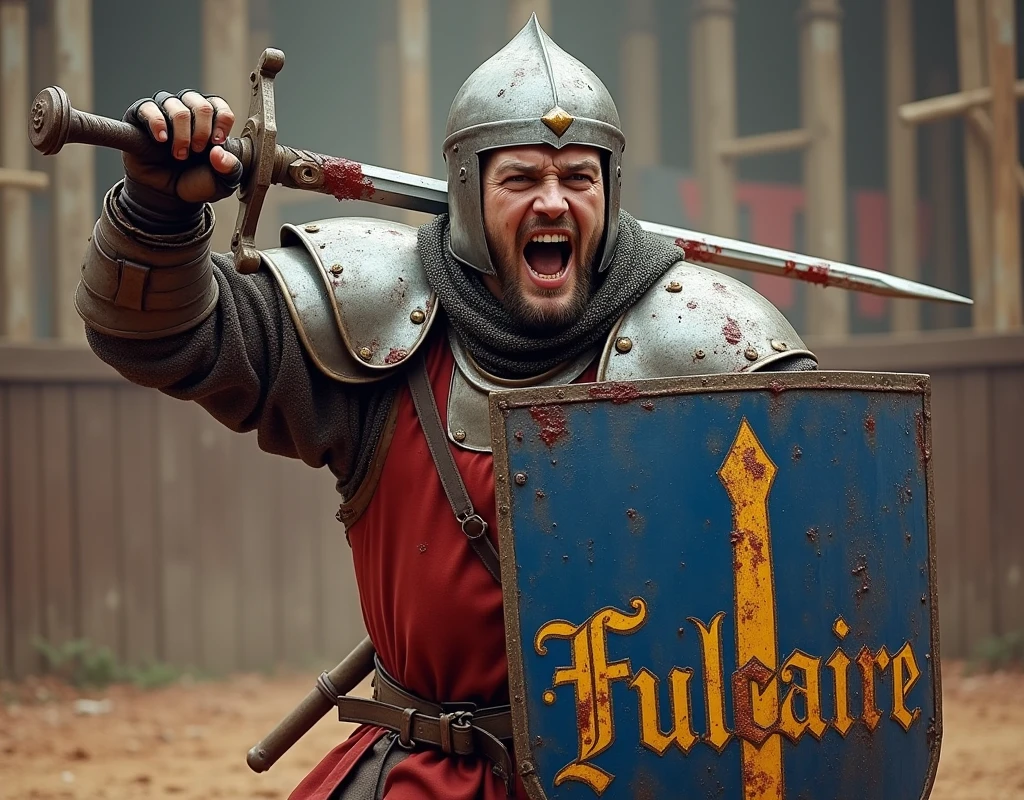 A poster depicting a pikeman brandishing a bloody steel sword, and carrying a shield (blue and red shield with thin vertical yellow sword painted upwards coat of arms), damaged by fighting. (He's in a medieval arena, with the words "Fulcaire" written in large golden letters in the foreground). (medieval battered chain mail, helmet, gloves, very battle-damaged). He has white skin and scars on his face. shouting, covered by bloods.