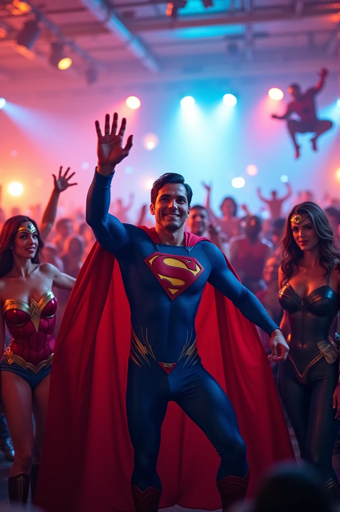 "A DJ dressed in an authentic Superman costume, complete with the iconic blue outfit, flowing red cape and the &#39;S&#39; symbol on the chest, is in a lit DJ booth at a lively party. He is mixing songs, with a confident smile, while waving to the crowd. Ao redor dele, other superheroes are having fun, dancing and talking. Among the heroes present is a Wonder Woman wearing her classic red costume., dourado e azul; a Batman in his black outfit and cape, with his characteristic mask; and a Spider-Man swinging on a web, wearing his red and blue outfit. The party is full of colorful lights, lasers, and a vibrant dance floor. People are dressed as heroes and heroines, creating a fun and energetic environment. The lighting of the scene is intense, highlighting the DJ as the center of attention and creating an atmosphere of heroic celebration."

This prompt details the look and feel of the party., highlighting the presence of superheroes and the lively vibe of the event.