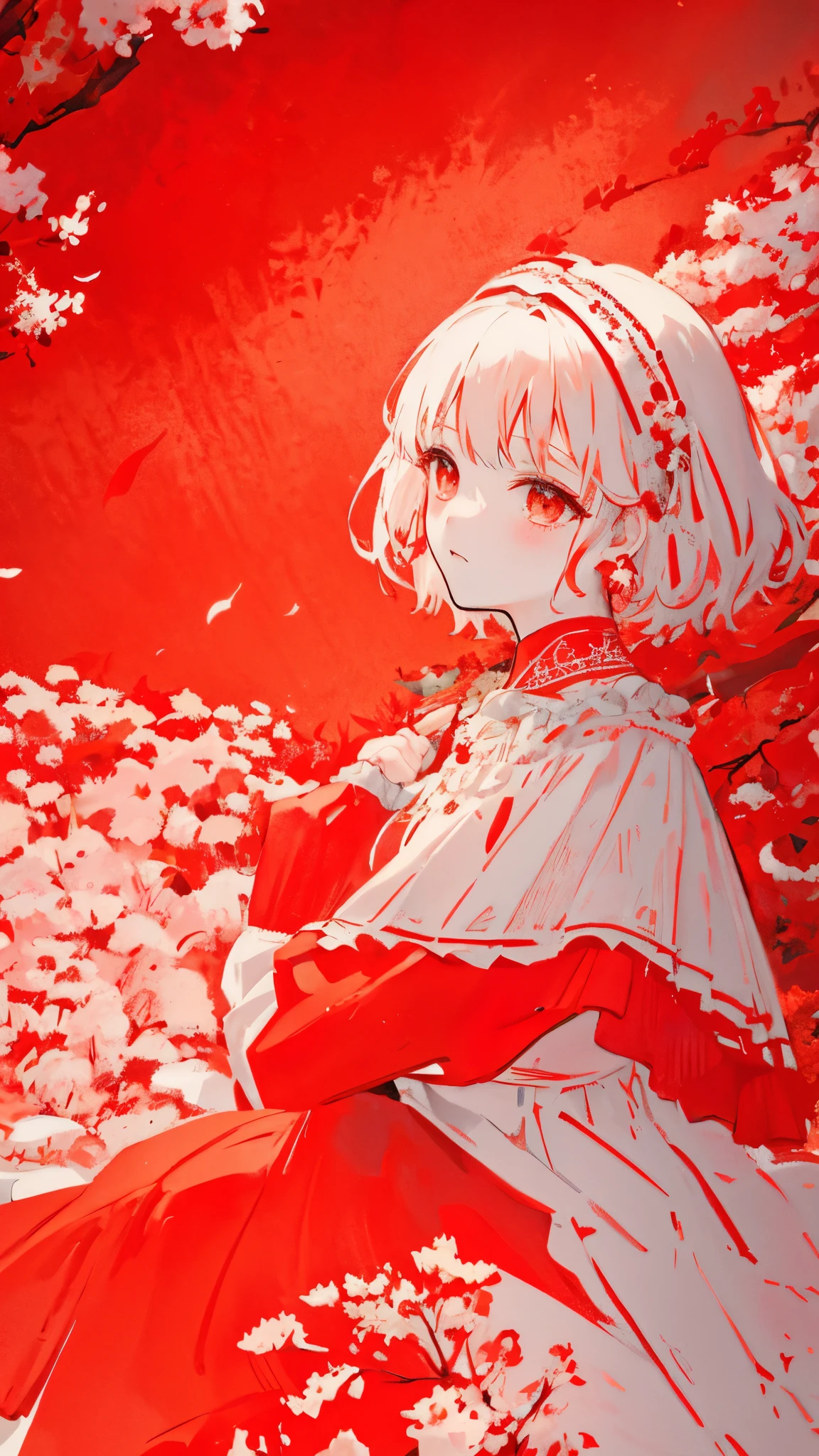 teacher、limited palette、colourfull、landscapes、Woman in wedding dress、the woods、natta、Red flowers、red leaves、Detailed background、masterpiece、top-quality、