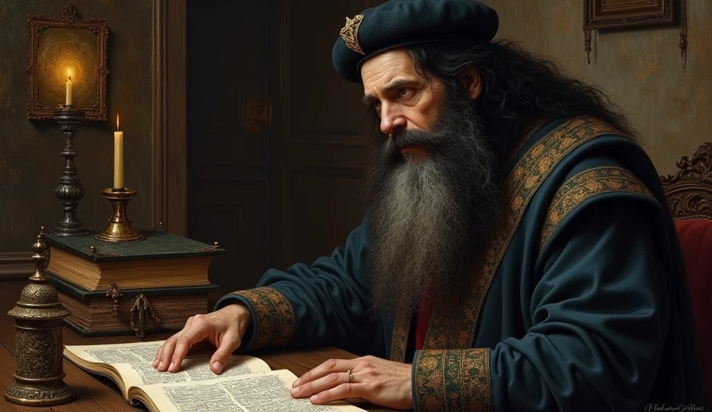 Michael Nostradamus has an oval face and a serious expression, a long beard and long, wavy dark white hair. He usually wears 16th century clothing, including a cloak or cape and a beret-type hat. His eyes are piercing and contemplative. in a temple thinking, trying to visualize the future through sacred objects