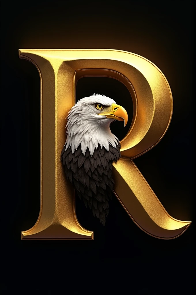 Give me several options of a large, golden letter R with the head of a bald eagle coming out with golden and black feathers, all on a black background.