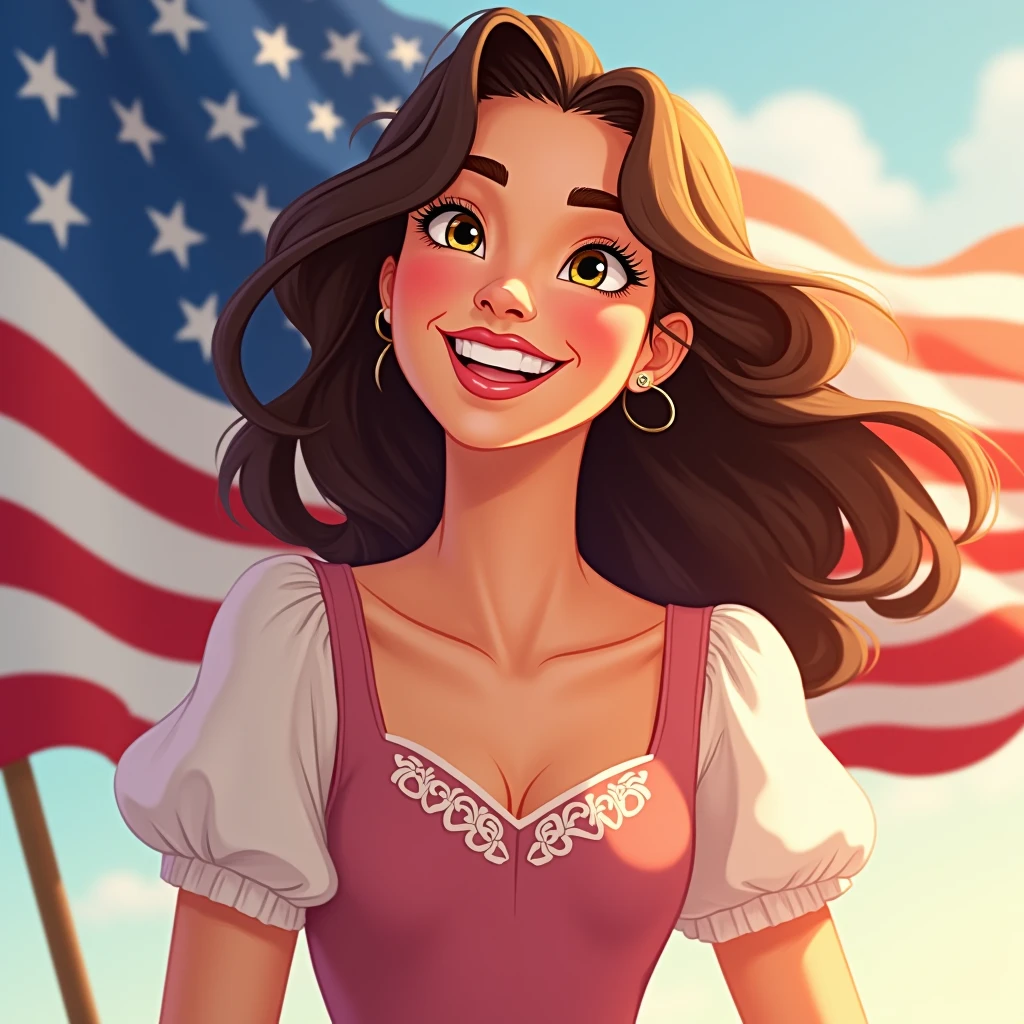 happy woman, smiling flag on her shoulder disney