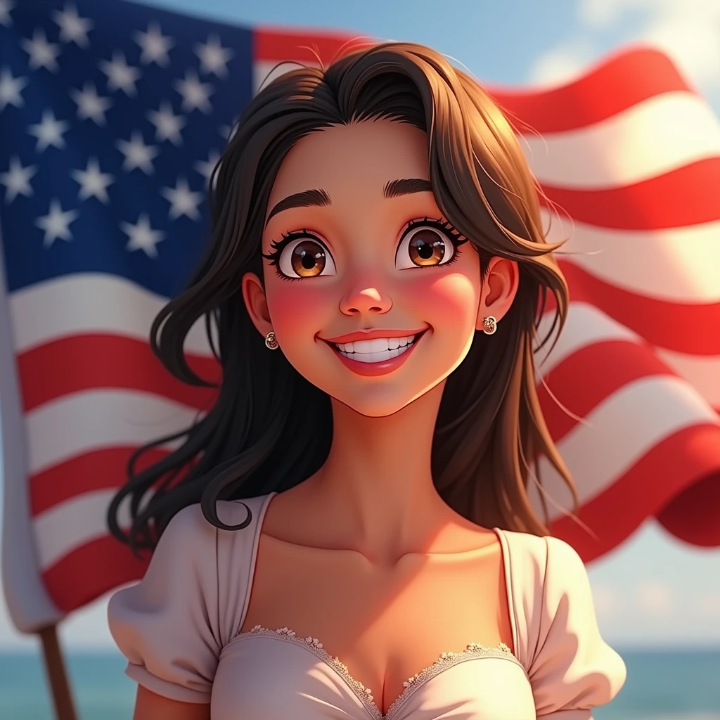 happy woman, smiling flag on her shoulder disney
