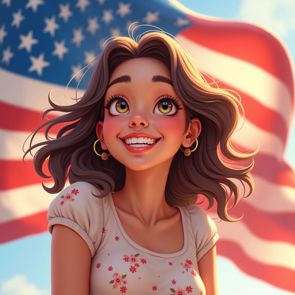 happy woman, smiling flag on her shoulder disney
