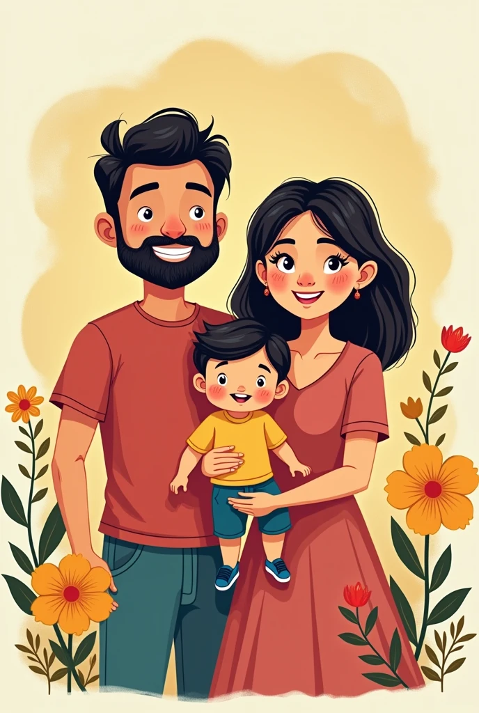My wife and son my self with our names in any design of t shirts In cartoon pattern my son is 1 year, name should be my name Azeer wife name Azeeza son name Azlan, Azeer is my name my wife name is Azeeza my son name is Azlan 
My name: Azeer
Wife : Azeeza
Son : Azlan
With names

For me no beard

