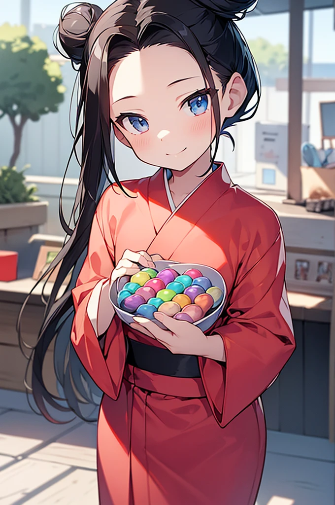 RAWphoto,photorealistic,8k16k,best quality,perfect anatomy,perfect detailed,ultra highres, extremely detailed eyes and face,
gleaming skin,shiny skin,anime screencap,anime colored,1girl,black hair,bun_head,(forehead:1.3),(8yo,Kindergarteners:1.3), wearing a yukata,front of candy shop,little smile,holding a big candy