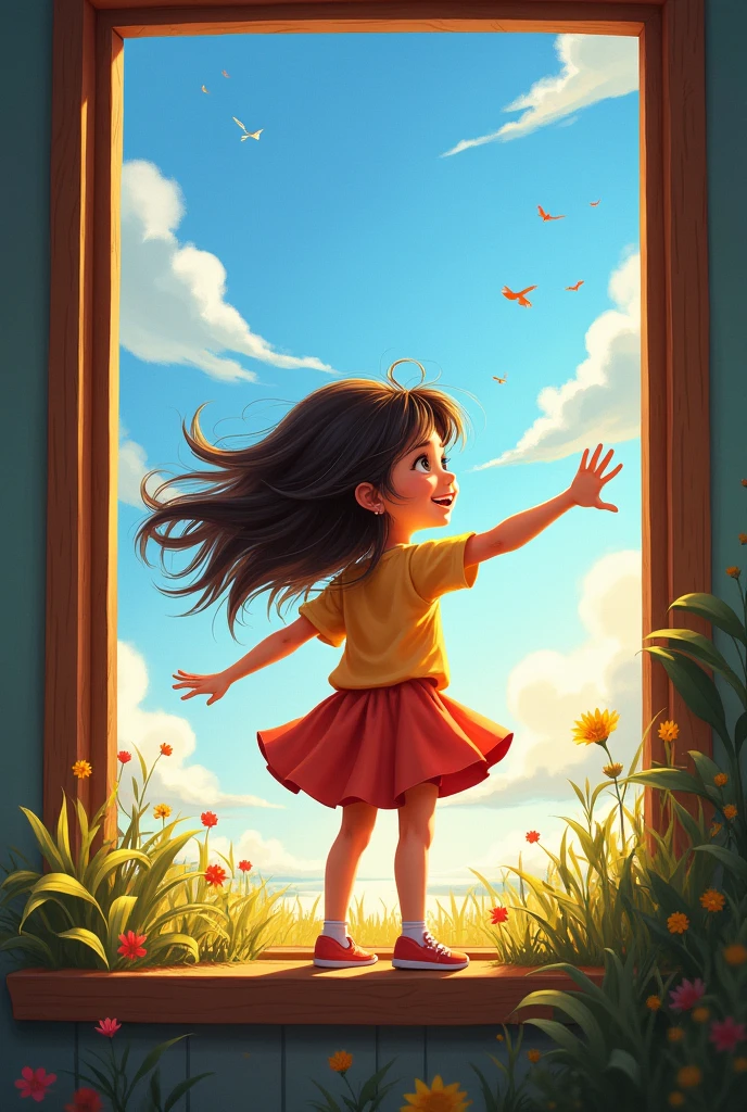 Girl looking out of a window, She looks very happy and surprised at what she is seeing, Everything looks very dynamic and her hair moves with the wind