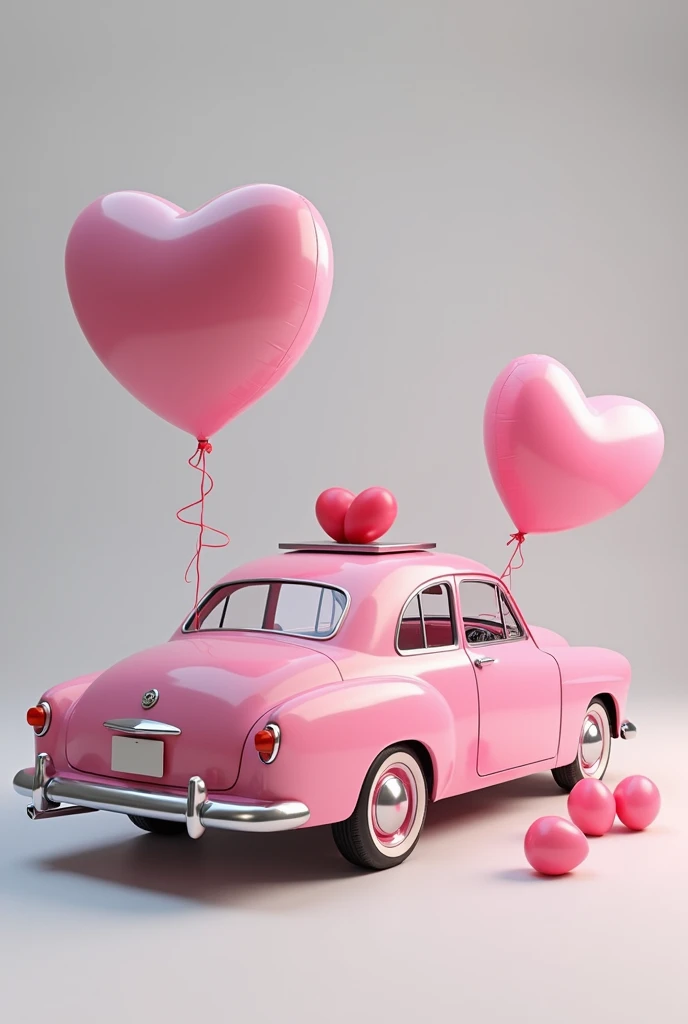 pink vintage car with sound box in the trunk and heart ballons, perfil view, 8K, High Quality, Clean Grey Background, 8K, High Quality, 
