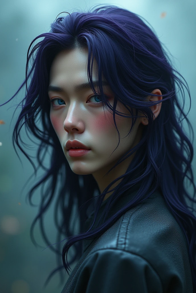 (solo, full body photo), (haze, fog, mist:1.3), chiaroscuro, best quality, photorealistic, 1 merman, (24yo:1.2), long dark purple hair highly detailed, broken glass, (masterpiece, sidelighting, finely detailed Fashionable eyes: 1.2) (perfect oval large eyes that gazes at the viewer), beautiful detailed face, blue gorgeous perfect eyes, (slightly curl hair), (attractive young man), (thick amazing hair), (seductive:1.1), (blushing:1.1), nake, full body with fish tail, asian face
