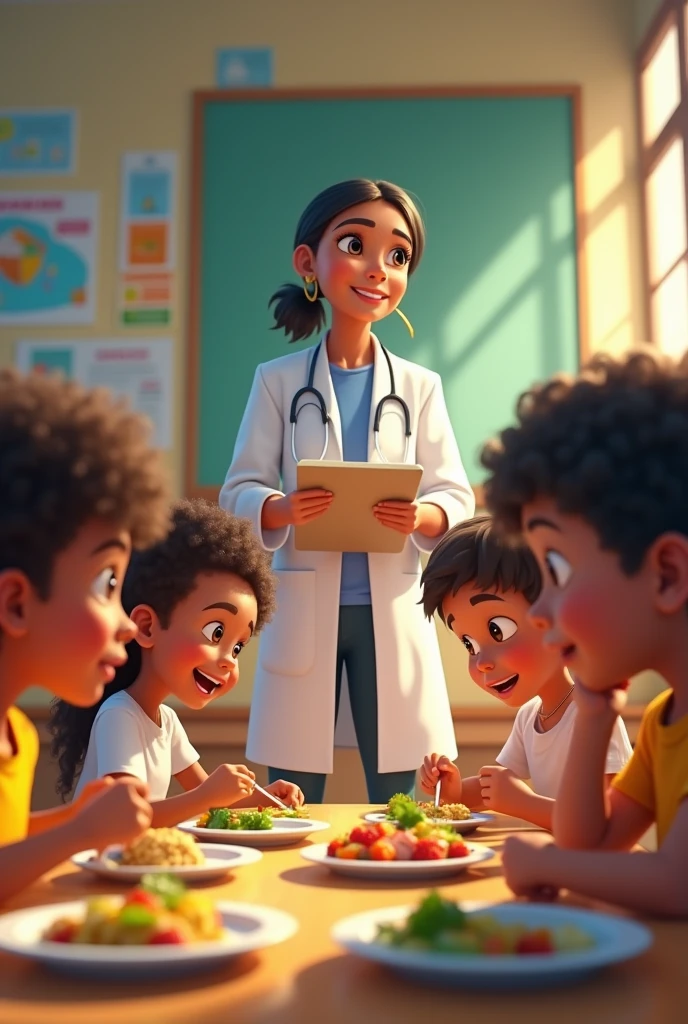 Brazilian children eating in a school cafeteria and a nutritionist in a white coat watching them 
