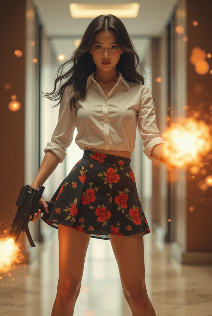 beautiful chinese office lady white shirt flower mini skirt realistic machine gun toting hip firing real person legs apart standing rampage shooting serious expression side target shouting