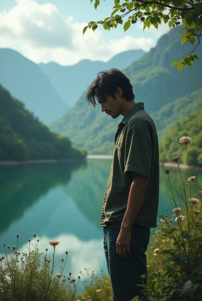 Man in a beautiful place with broken heart and sad