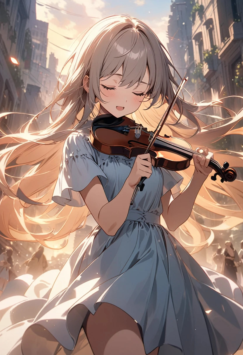 anime style, score up_9,score up_8,score up_7,masterpiece,best quality,super fine illustration, super detailed, dynamic angle, beautiful detailed, 8k, On a summer evening, a rabbit years girl is practicing violin on the apocalypse city. BREAK She has her eyes closed, with a dreamy expression on her face. BREAK Her hair flows gracefully in the wind as the soft light of the sunset envelops her.BREAK: The Collapsed City,detailed background,