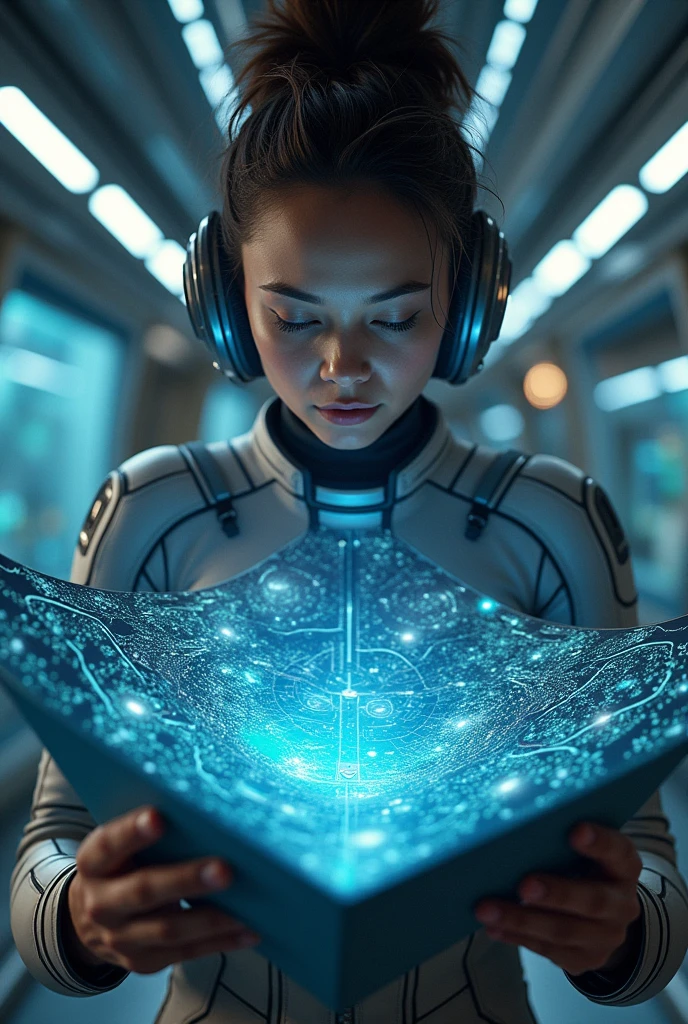 Spaceship internally, FIRST PERSON POINT of crew member holding a technological map