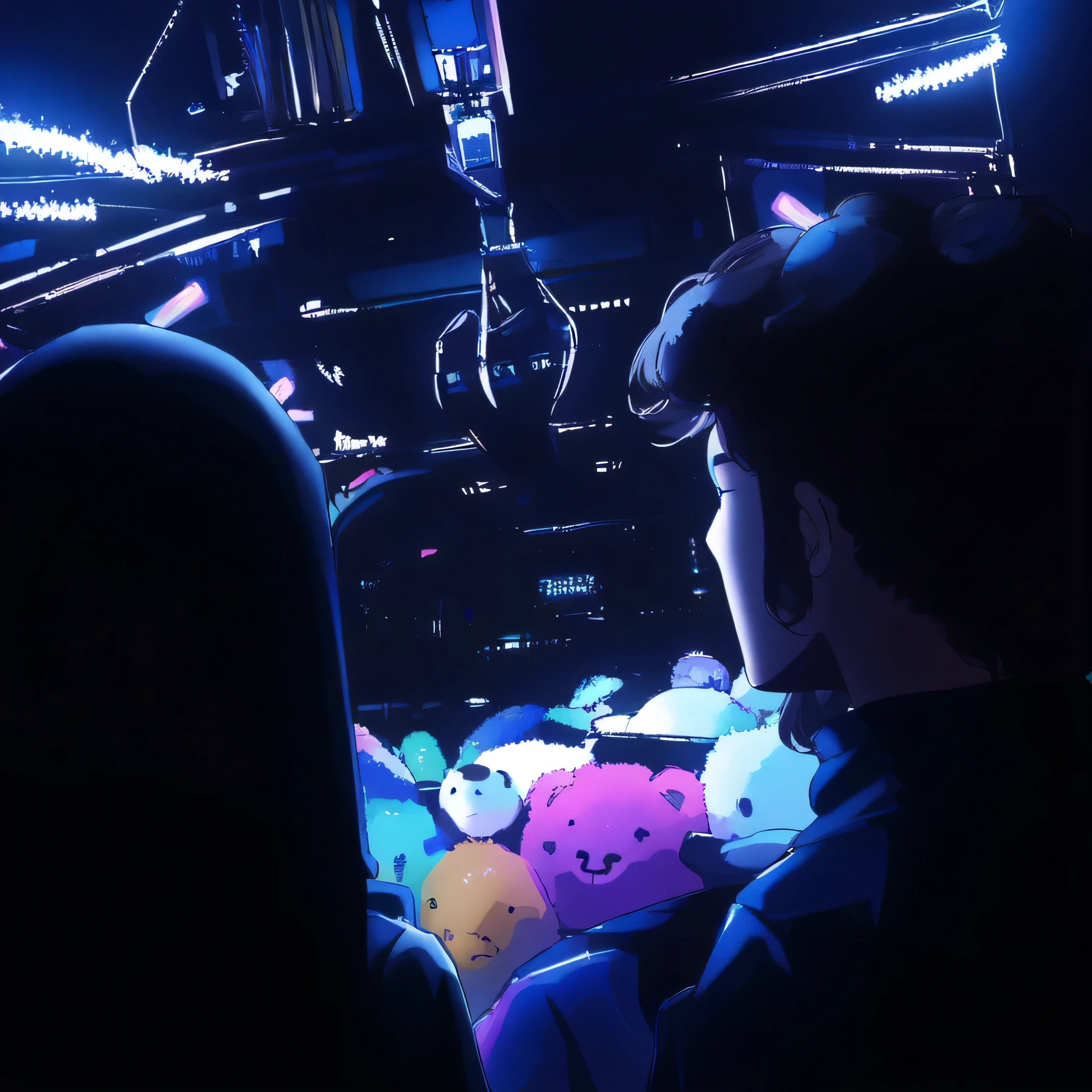 In a dimly lit room, two people are standing in front of a toy or attraction with a colorful array of stuffed animals in the background. The person in the foreground is wearing a black hoodie and appears to be looking at something out of frame. His companion has her back to the camera, her back to the viewer. The atmosphere suggests an indoor setting, possibly a theme park or entertainment venue. Japanese Anime Drawing Style