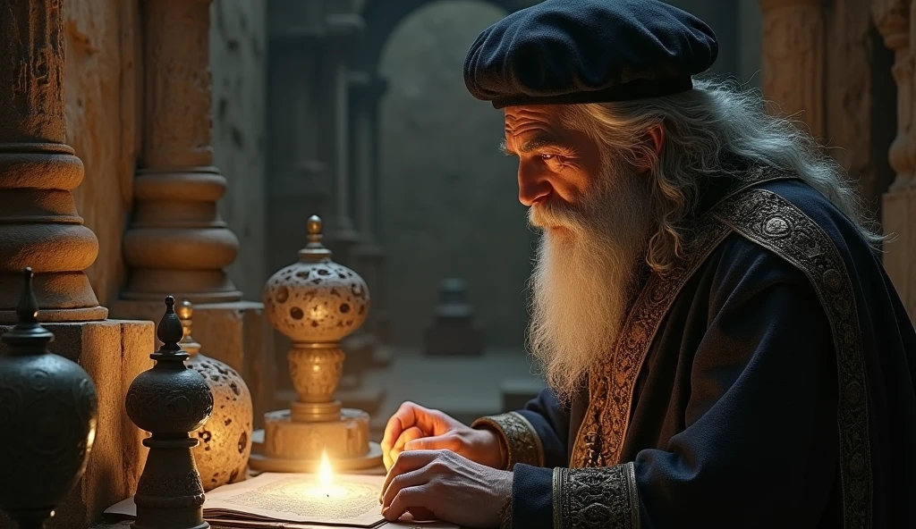Michael Nostradamus has an oval face and a serious expression, a long beard and long, wavy dark white hair. He usually wears 16th century clothing, including a cloak or cape and a beret-type hat. His eyes are piercing and contemplative. in a temple thinking standing with a friend trying to visualize the future through sacred objects that reflect light