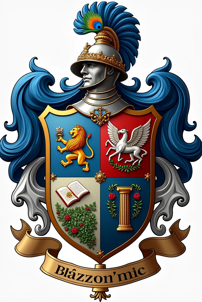 create a family coat of arms Detailed Description of the Mazzoni Family Coat of Arms 1. shield:
The shield is classic in shape with slightly curved edges., giving an air of elegance and tradition. The background of the shield is a deep blue, symbolizing nobility and wisdom.
First Field (Superior left):
imageio: A rampant lion, in gold, carrying a spear with an Italian flag. The lion is a symbol of strength and bravery, and the Italian flag honors the family roots.
Farbe: Gold to represent wealth and prestige.
Second Field (Superior Wet wet):
imageio: A field of intense green with a lot of vines loaded with grapes, symbolizing agricultural heritage and connection to the land, besides remembering the vineyards of Italy.
Farbe: Emerald green, to represent prosperity and connection with nature.
Third Field (Inferior left):
imageio: an open book, adorned with a golden feather and a red rose, which symbolizes the passion for education and innovation, as well as a touch of Italian romanticism.
Farbe: Red and gold, reflecting the love of culture and the pursuit of wisdom.
Fourth Field (Inferior Wet wet):
imageio: A classical Roman style column, in silver, with a golden laurel wreath on top, symbolizing the family's cultural heritage and historical prestige.
Farbe: Silver and Gold, representing heritage and nobility.
2. timbre (Acima do shield):
The timbre is a knight's helmet, Profile, adorned with a laurel wreath and a peacock feather in blue and gold, evoking wealth and splendor. The helmet is crowned with an armillary sphere, a symbol of exploration and global ambition.
3. Supports:
The supports are two majestic animals, reinforcing the prestige and power of the family:
left: A winged horse, in silver, symbolizing nobility and freedom.
Wet wet: Griffin's mind (a mythological creature with the body of a lion and the wings of an eagle), in gold, representing vigilance and protective force.
4. Split (Banner or Motto):
Below the shield, a silk strip in a